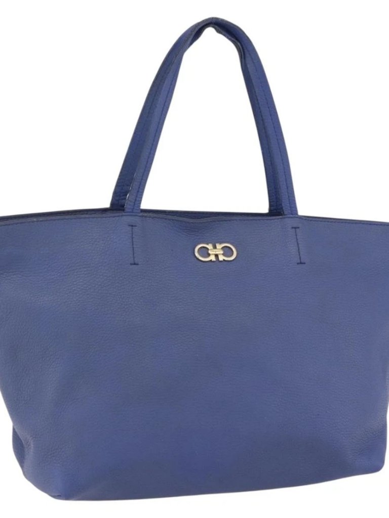 Salvatore Ferragamo Tote Bag Leather Blue Gold Auth Ba10661
